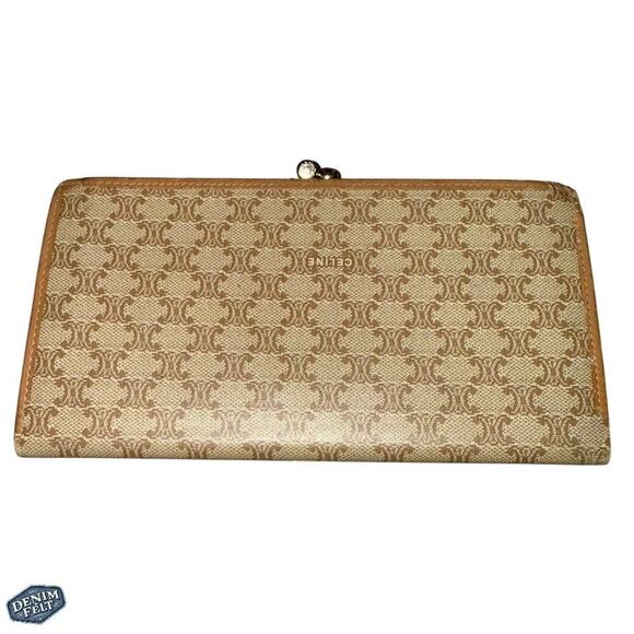 Celine Beige/Tan Macadam Triomphe Canvas/Leather Bifold Long Wallet Vintage - Picture 2 of 13